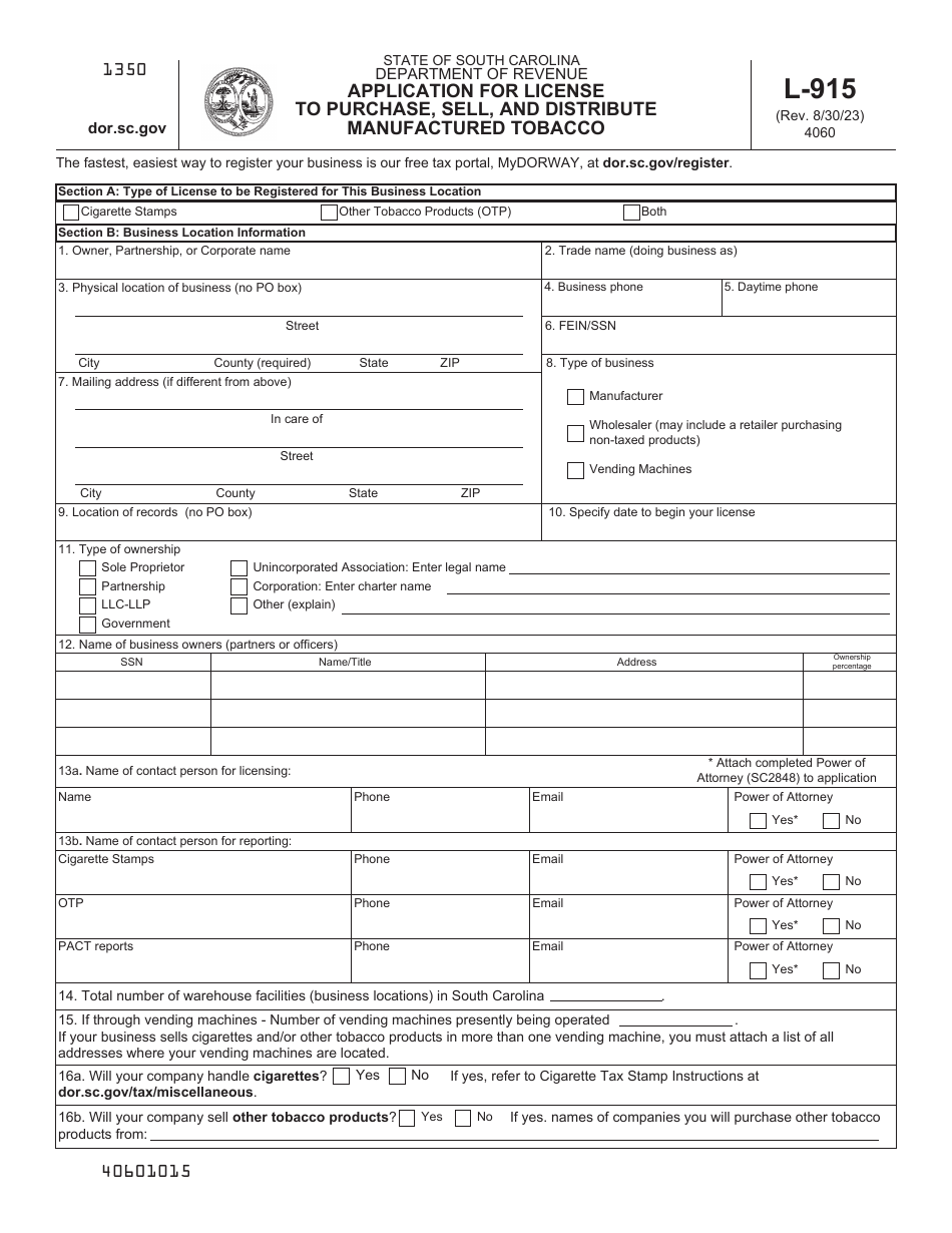 Form L-915 Application for License to Purchase, Sell, and Distribute Manufactured Tobacco - South Carolina, Page 2