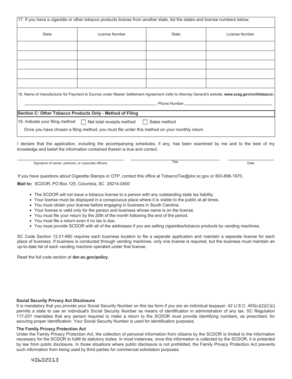 Form L-915 Application for License to Purchase, Sell, and Distribute Manufactured Tobacco - South Carolina, Page 3