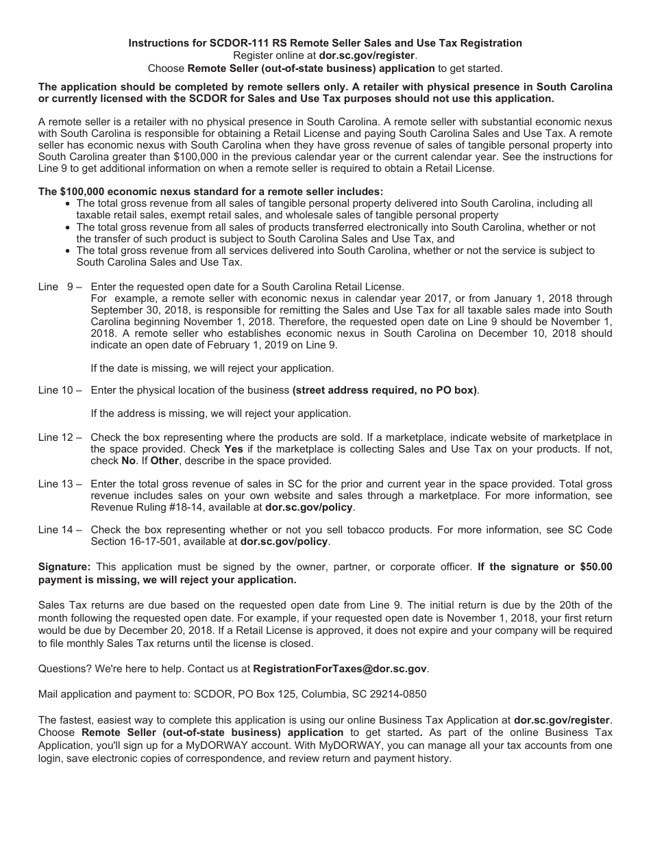 Form SCDOR-111 RS Remote Seller Sales and Use Tax Registration - South Carolina, Page 3