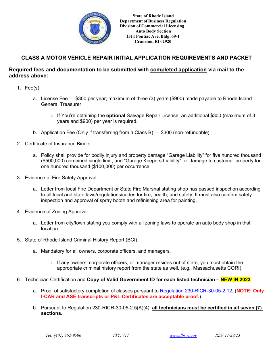 Initial Class a Motor Vehicle Repair Application - Rhode Island, Page 1