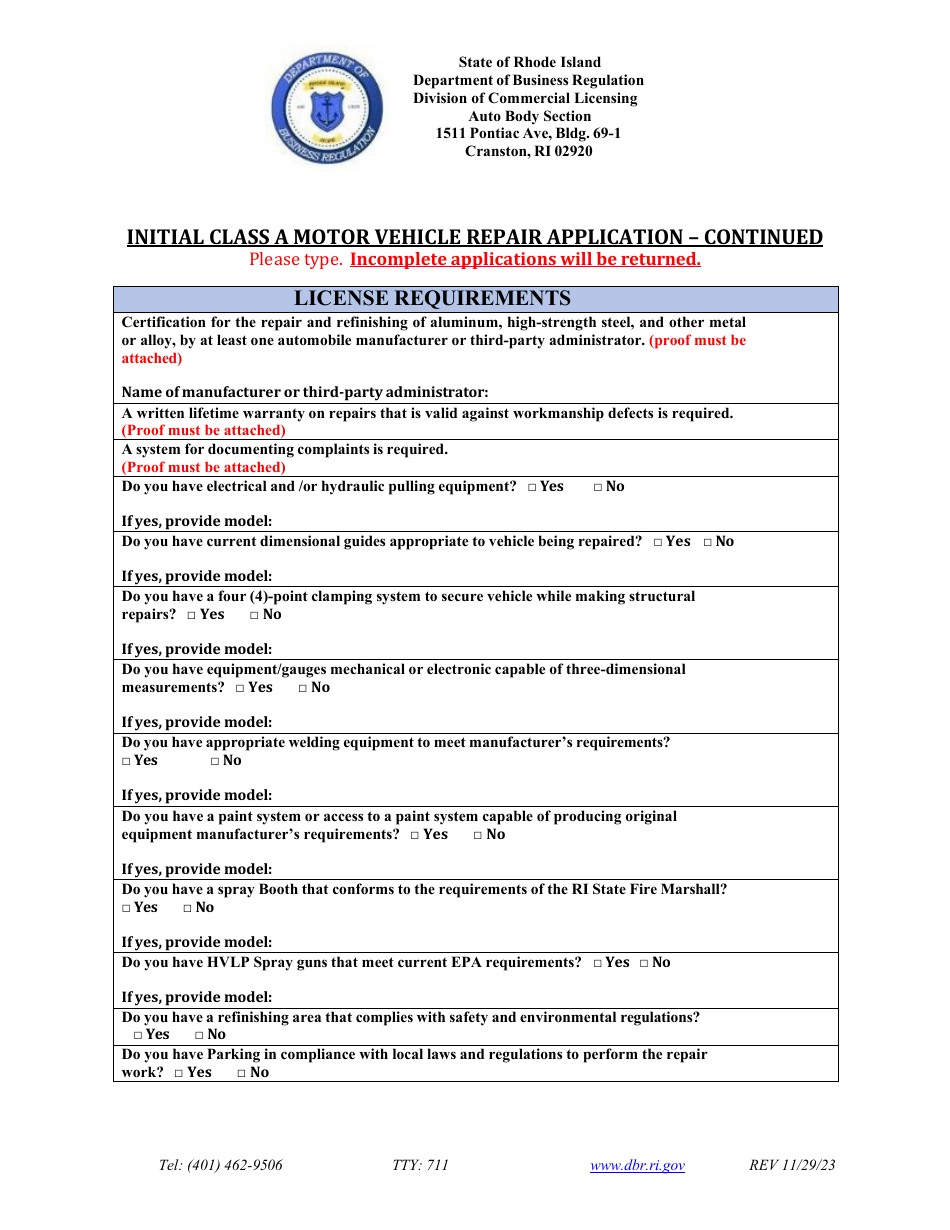Initial Class a Motor Vehicle Repair Application - Rhode Island, Page 5