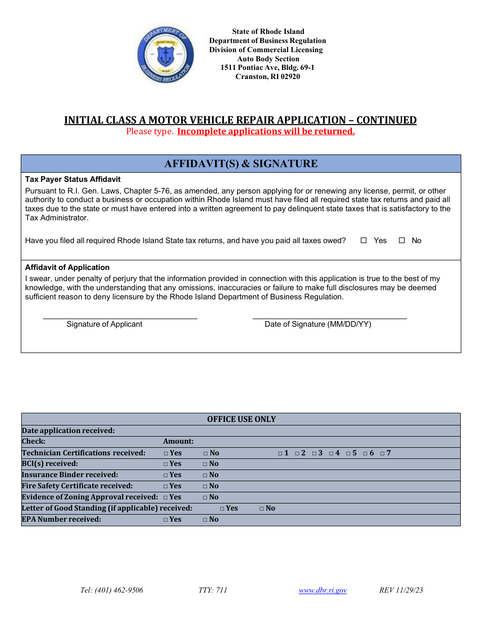 Initial Class a Motor Vehicle Repair Application - Rhode Island, Page 6