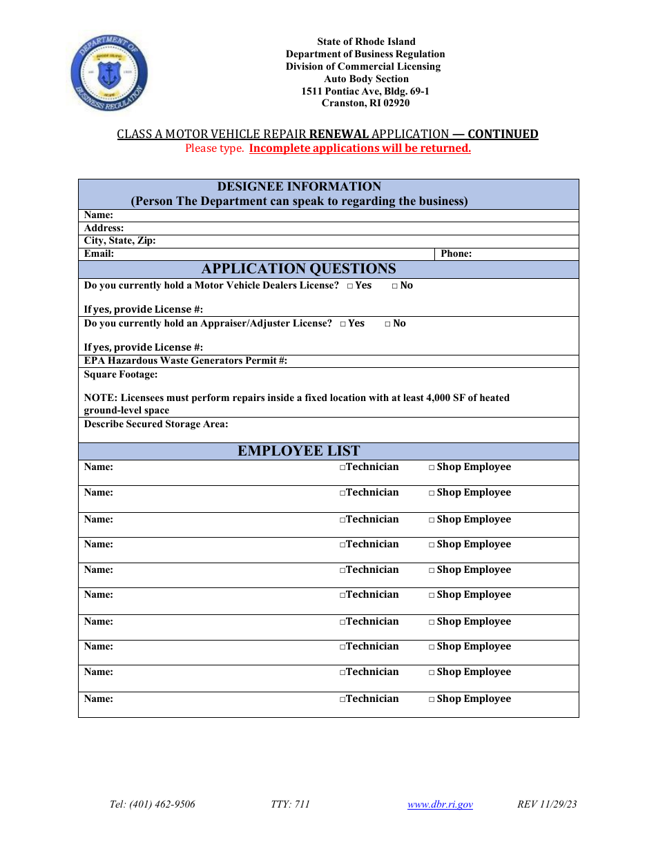Class a Motor Vehicle Repair Renewal Application - Rhode Island, Page 4