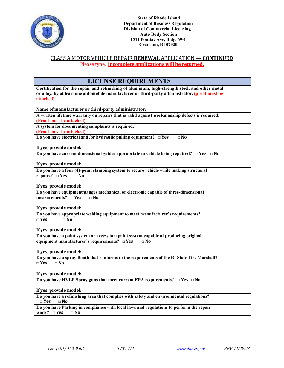 Class a Motor Vehicle Repair Renewal Application - Rhode Island, Page 5