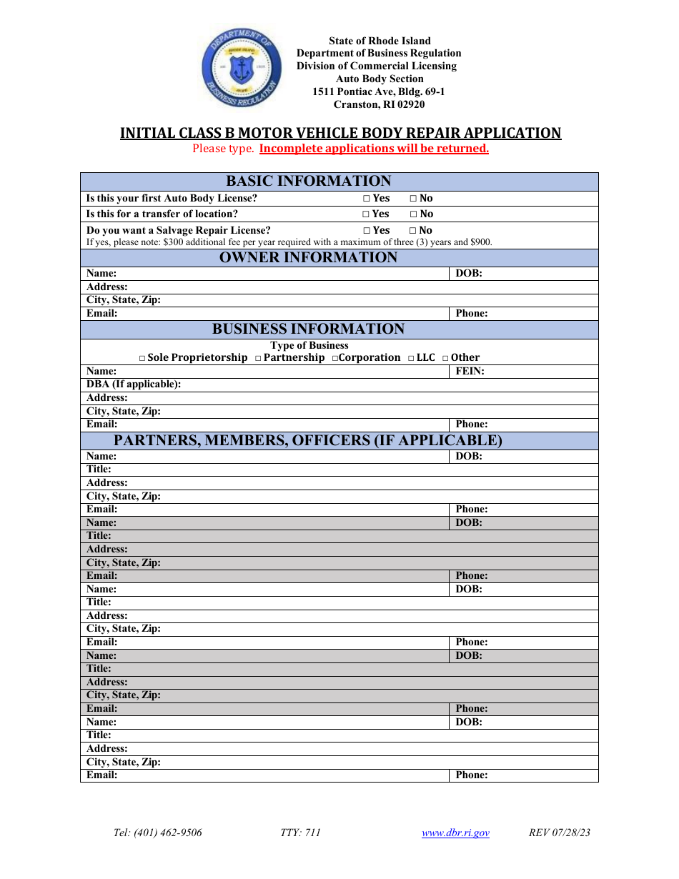 Initial Class B Motor Vehicle Body Repair Application - Rhode Island, Page 3
