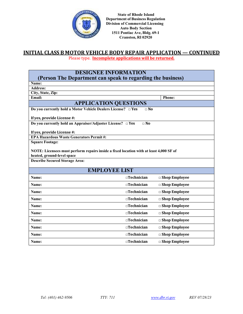 Initial Class B Motor Vehicle Body Repair Application - Rhode Island, Page 4