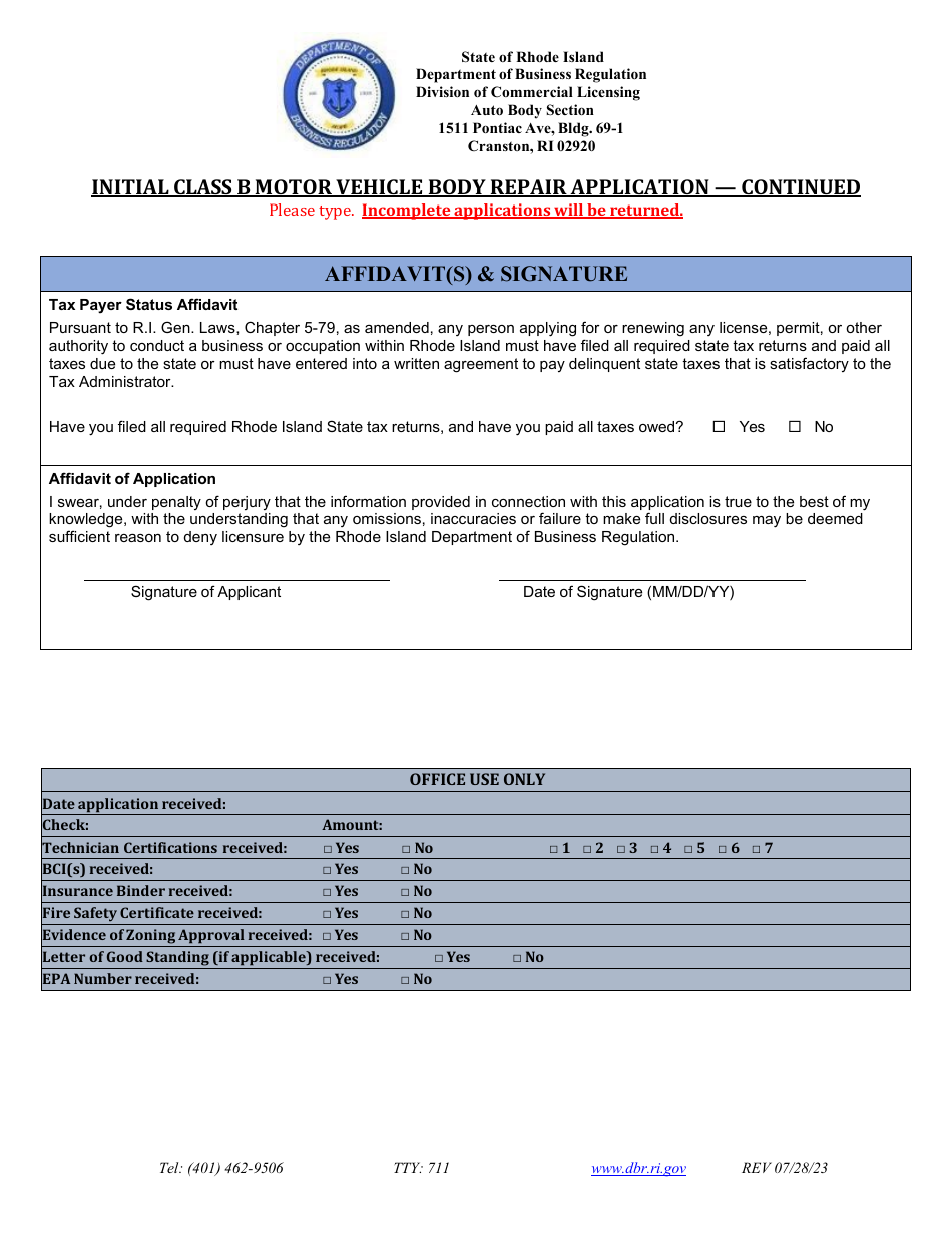 Initial Class B Motor Vehicle Body Repair Application - Rhode Island, Page 6