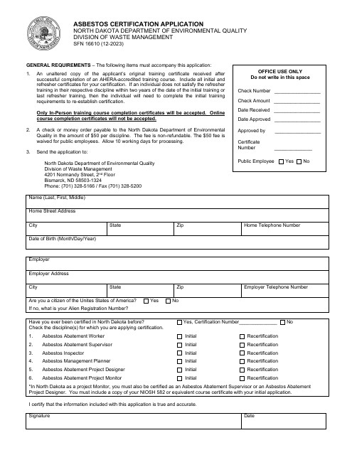 Form SFN16610 Asbestos Certification Application - North Dakota