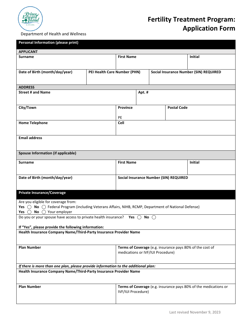 Application Form - Fertility Treatment Program - Prince Edward Island, Canada, Page 1