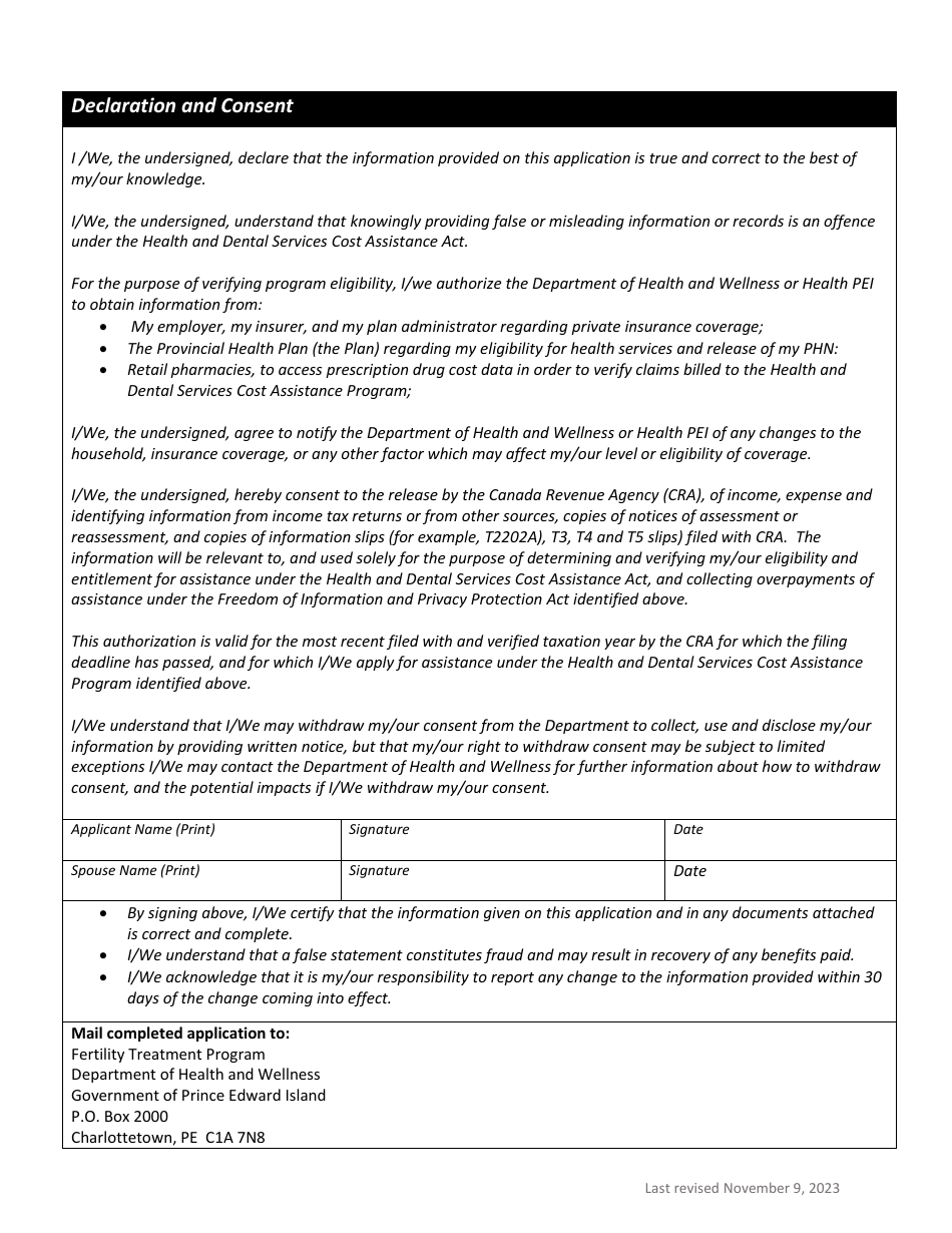Application Form - Fertility Treatment Program - Prince Edward Island, Canada, Page 3