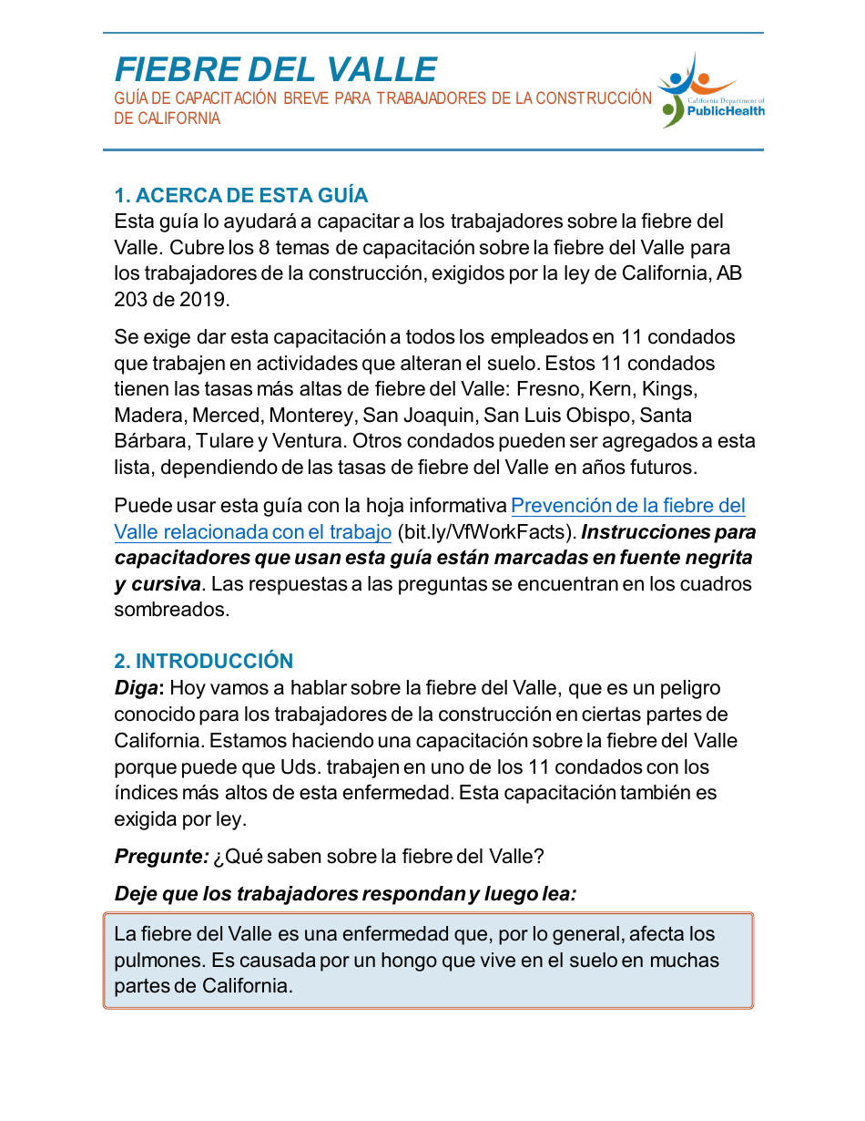 Fiebre Del Valle - Guia De Capacitacion Breve Para Trabajadores De La Construccion De California - California (Spanish), Page 1