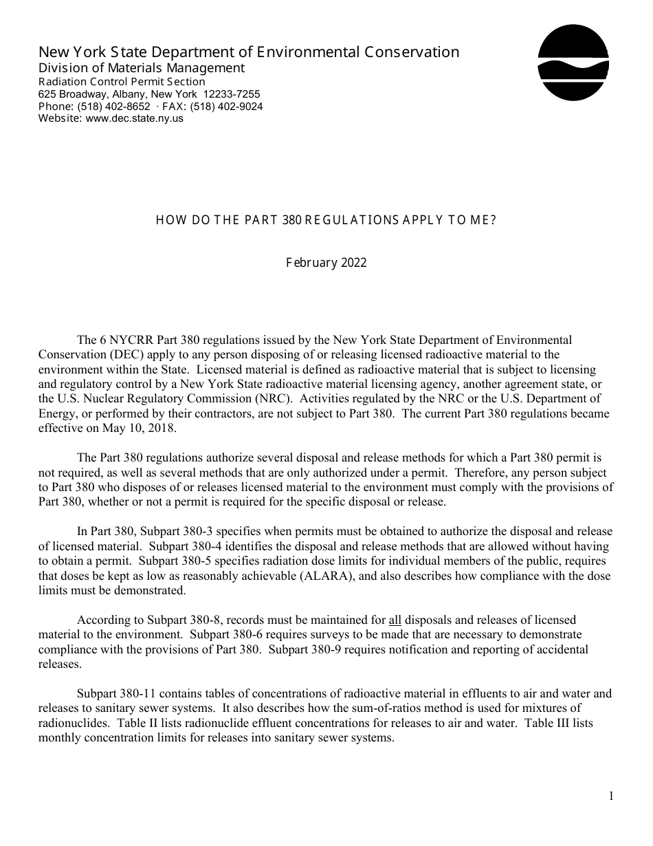 Work Sheet for Screening Calculations to Determine if a Part 380 Permit Is Required for Radioactive Emissions to the Air - New York, Page 1