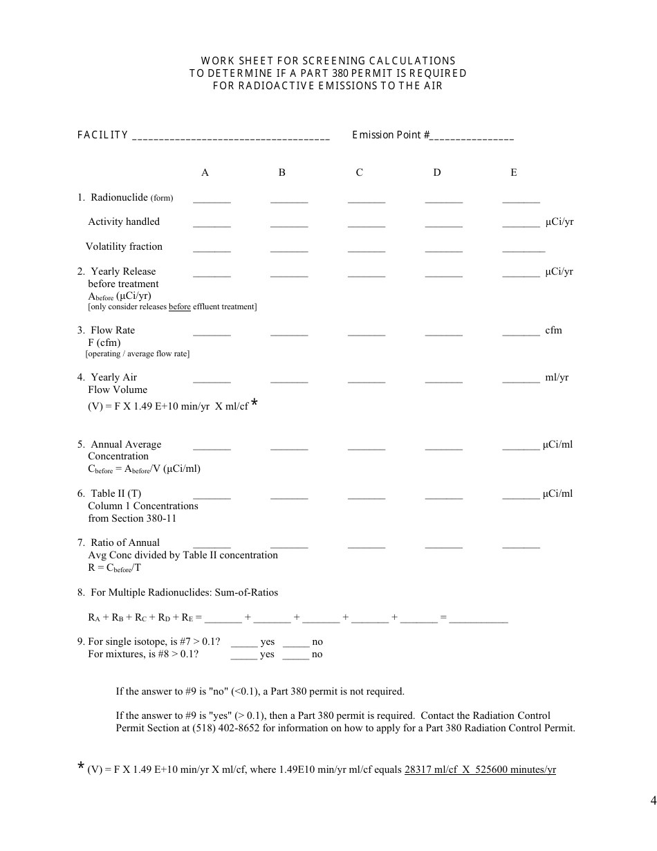 Work Sheet for Screening Calculations to Determine if a Part 380 Permit Is Required for Radioactive Emissions to the Air - New York, Page 4