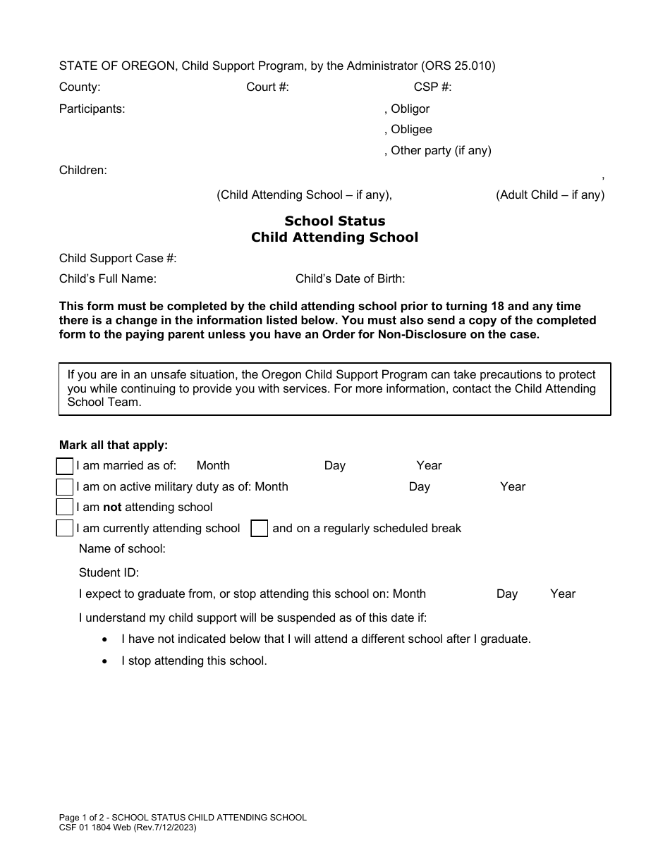 Form CSF01 1804 School Status - Child Attending School - Oregon, Page 1