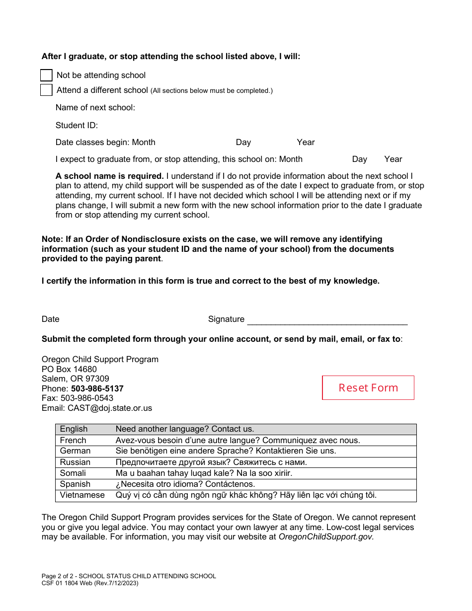Form CSF01 1804 School Status - Child Attending School - Oregon, Page 2