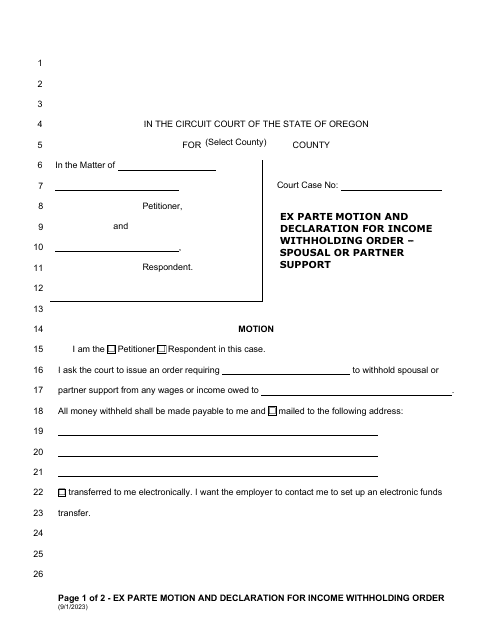 Ex Parte Motion and Declaration for Income Withholding Order - Spousal or Partner Support - Oregon Download Pdf