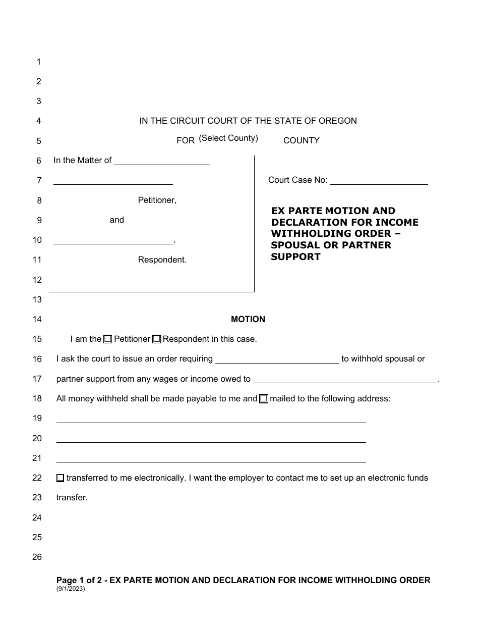 Oregon Ex Parte Motion And Declaration For Income Withholding Order Spousal Or Partner Support 3295