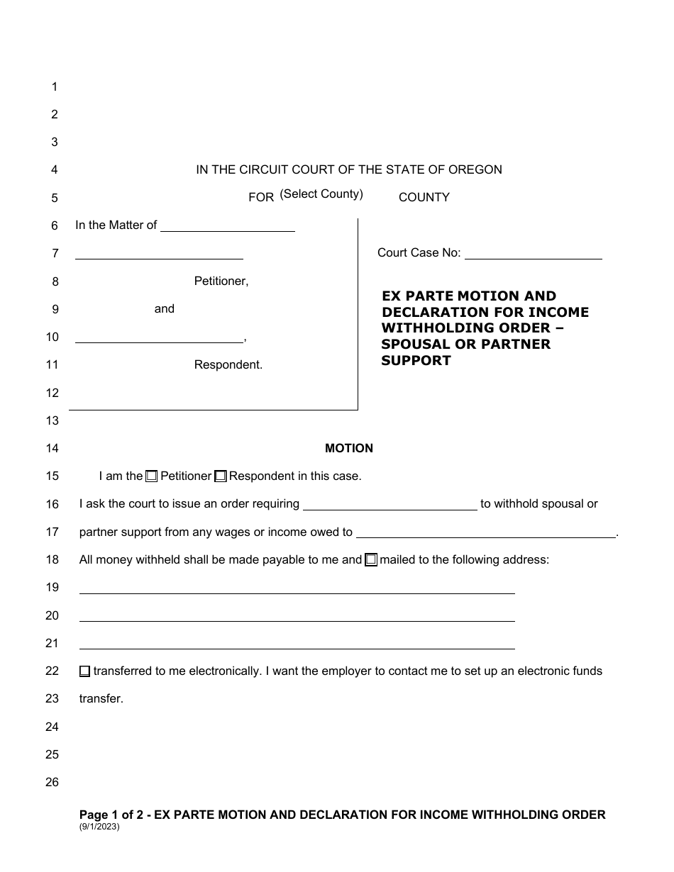 Ex Parte Motion and Declaration for Income Withholding Order - Spousal or Partner Support - Oregon, Page 1