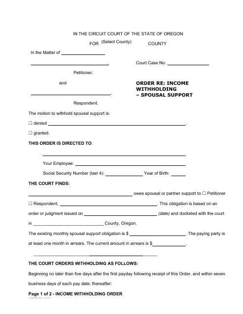 Order Re: Income Withholding - Spousal Support - Oregon Download Pdf