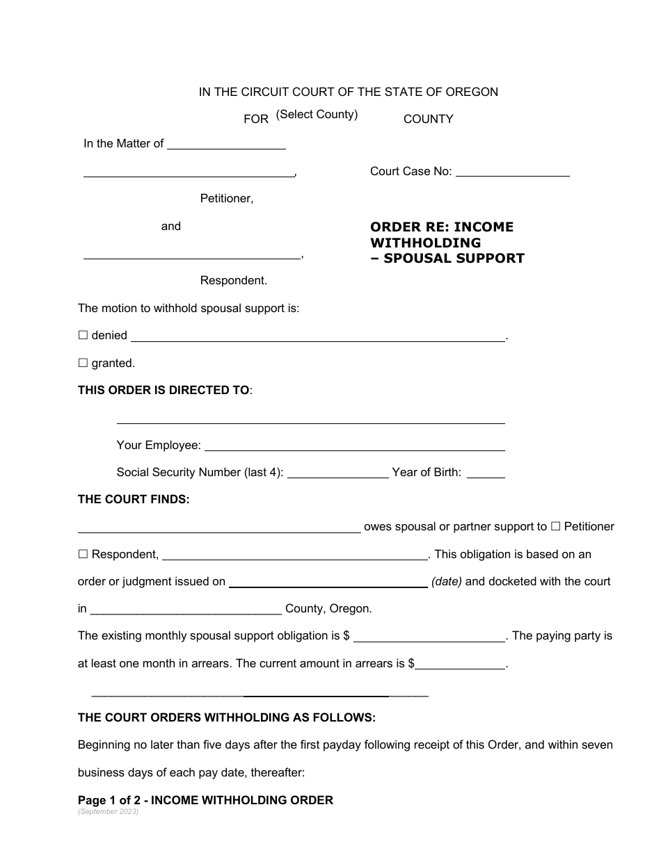 Order Re: Income Withholding - Spousal Support - Oregon, Page 1