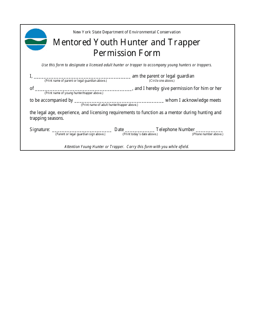 Mentored Youth Hunter and Trapper Permission Form - New York