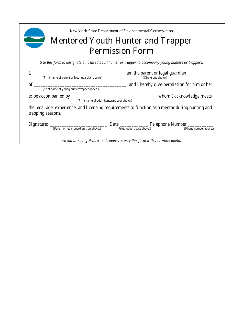 Mentored Youth Hunter and Trapper Permission Form - New York, Page 1