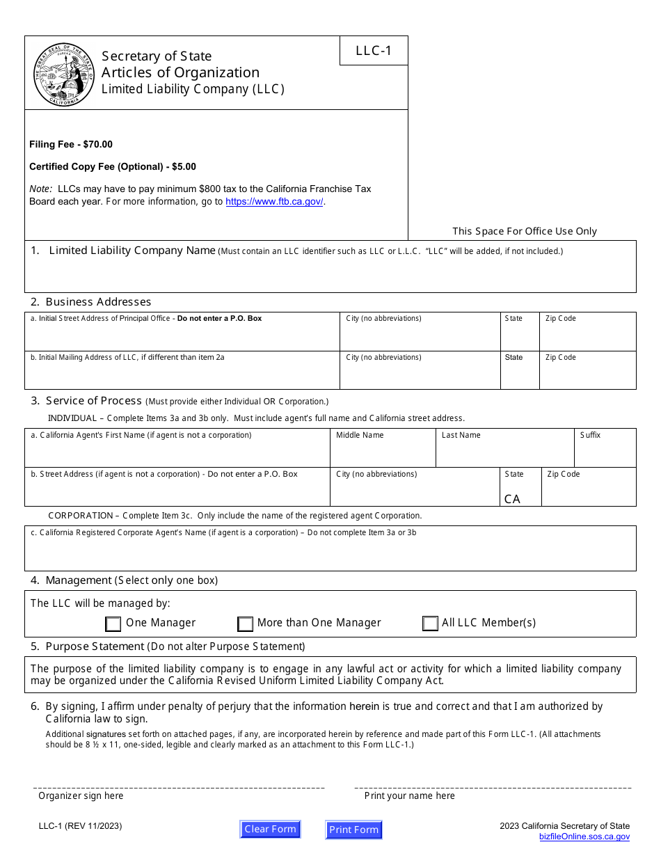 Form LLC-1 Articles of Organization - Limited Liability Company (LLC) - California, Page 2