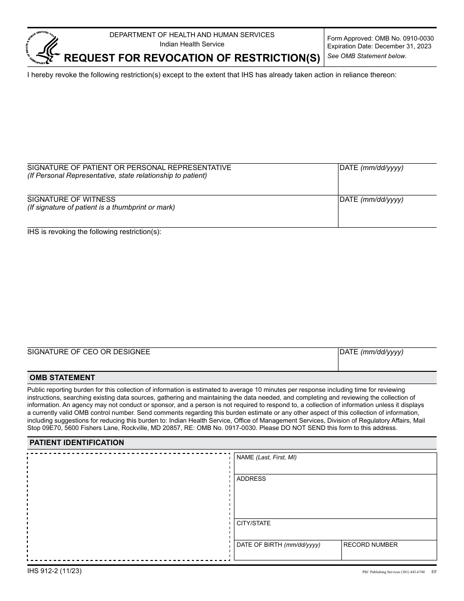 Form IHS-912-2 Request for Revocation of Restriction(S), Page 1
