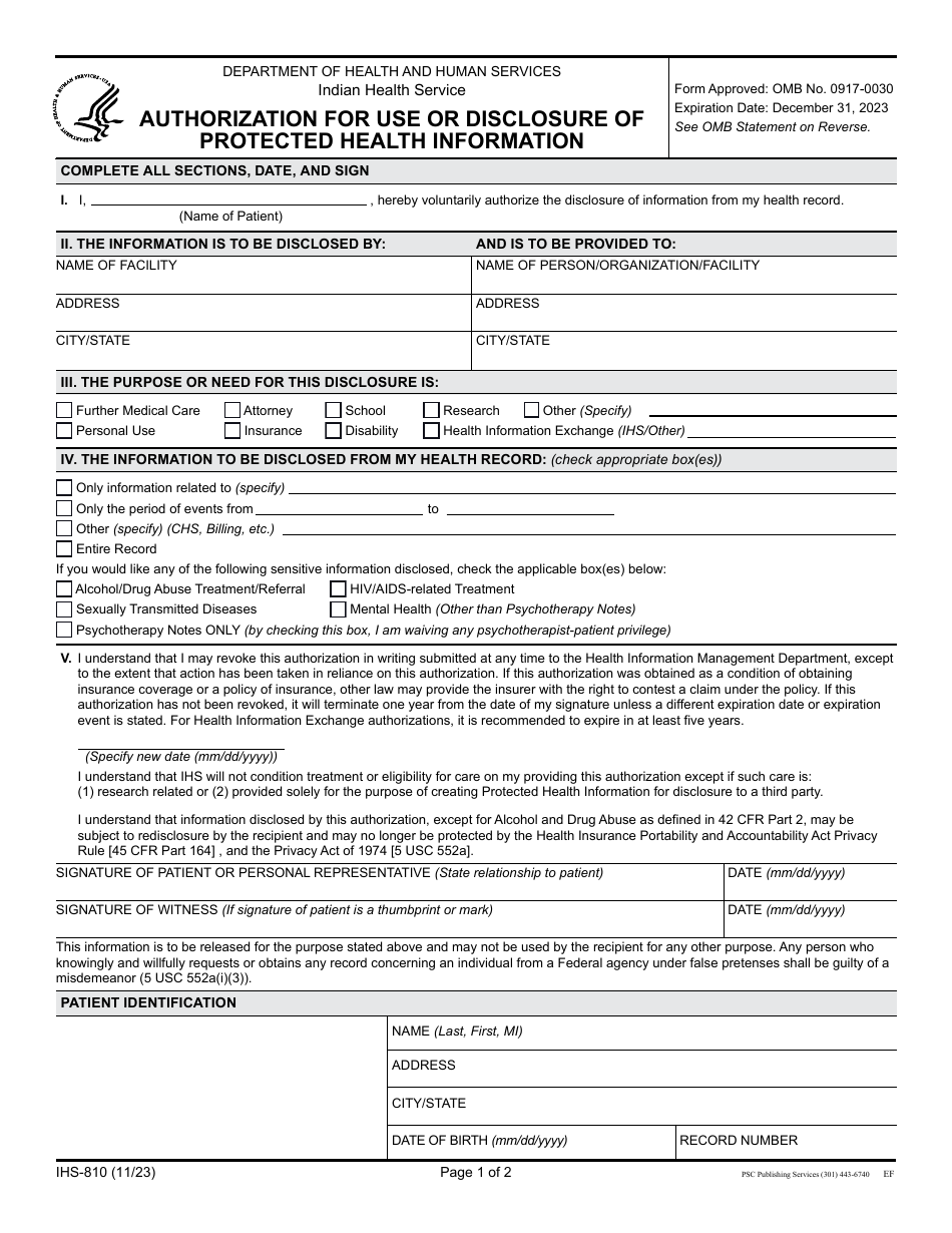 Form IHS-810 Authorization for Use or Disclosure of Protected Health Information, Page 1