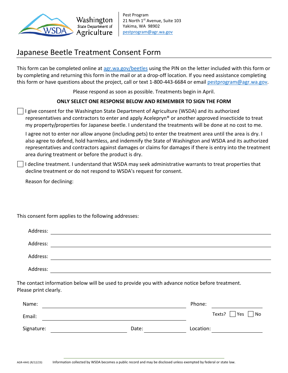 Form AGR-4441 Japanese Beetle Treatment Consent Form - Washington, Page 1