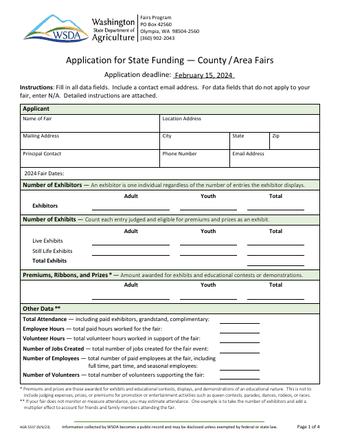 Form AGR-5537 Application for State Funding - County/Area Fairs - Washington, 2024