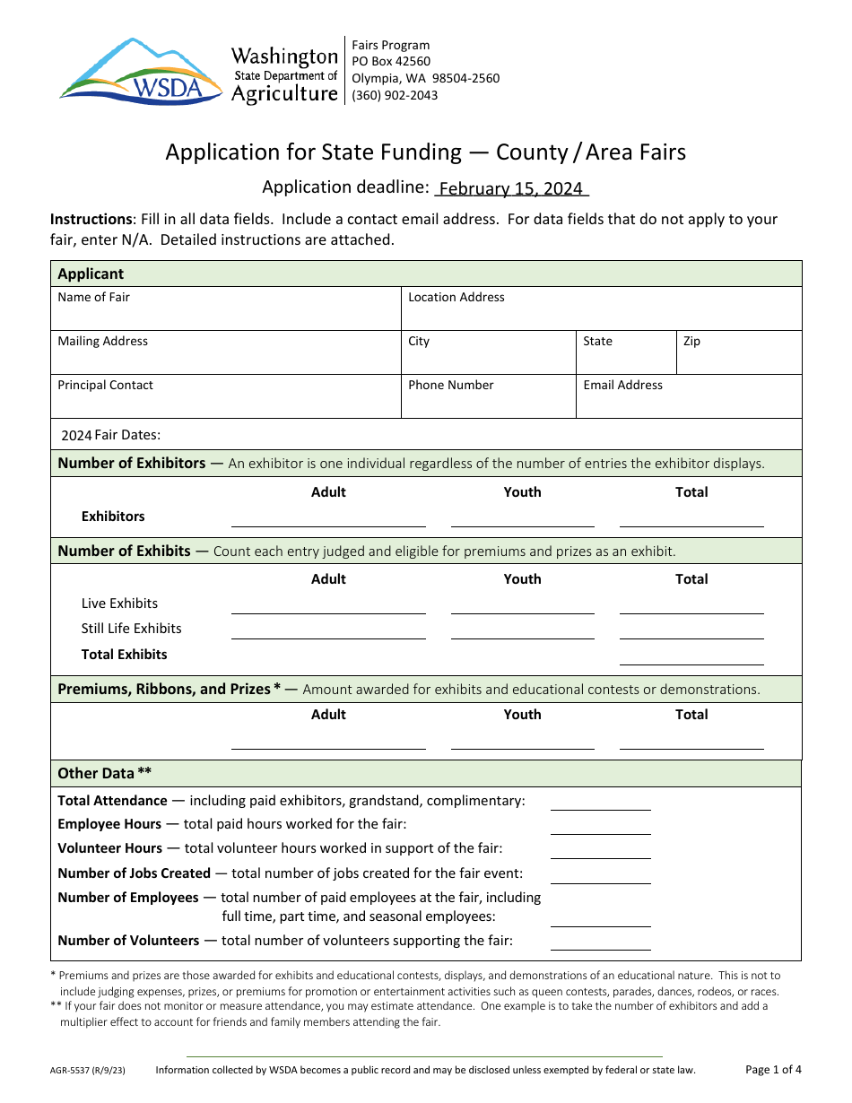 Form AGR-5537 Application for State Funding - County / Area Fairs - Washington, Page 1