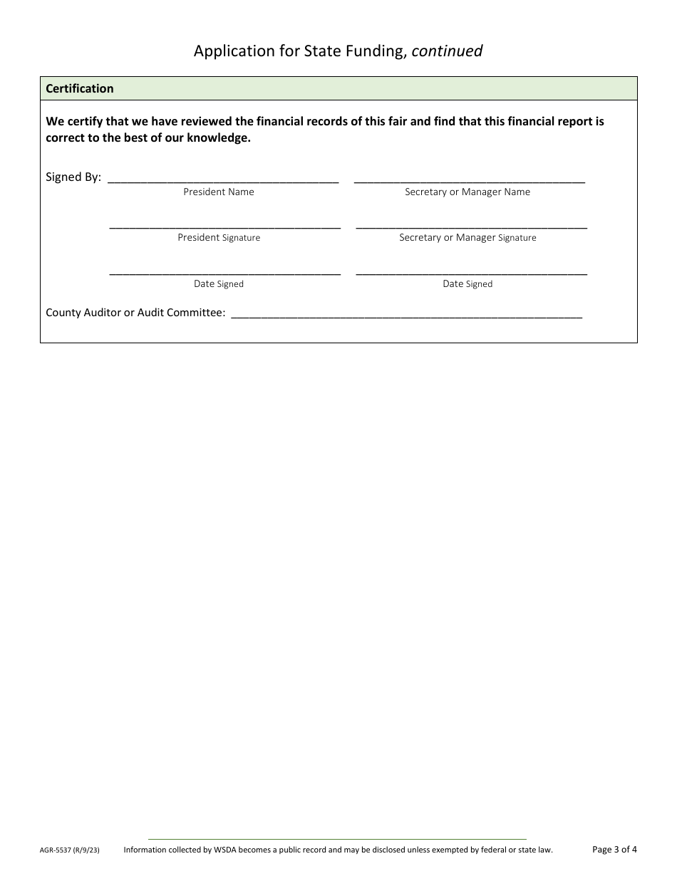Form AGR-5537 Application for State Funding - County / Area Fairs - Washington, Page 3