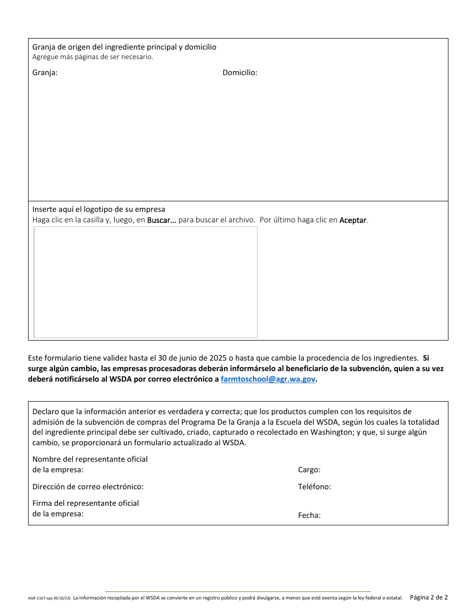 Formulario AGR-1167 Formulario De Verificacion De Productos Alimenticios Procedentes De Washington - Subvencion De Compras Del Programa De La Granja a La Escuela Del Wsda - Washington (Spanish), Page 2