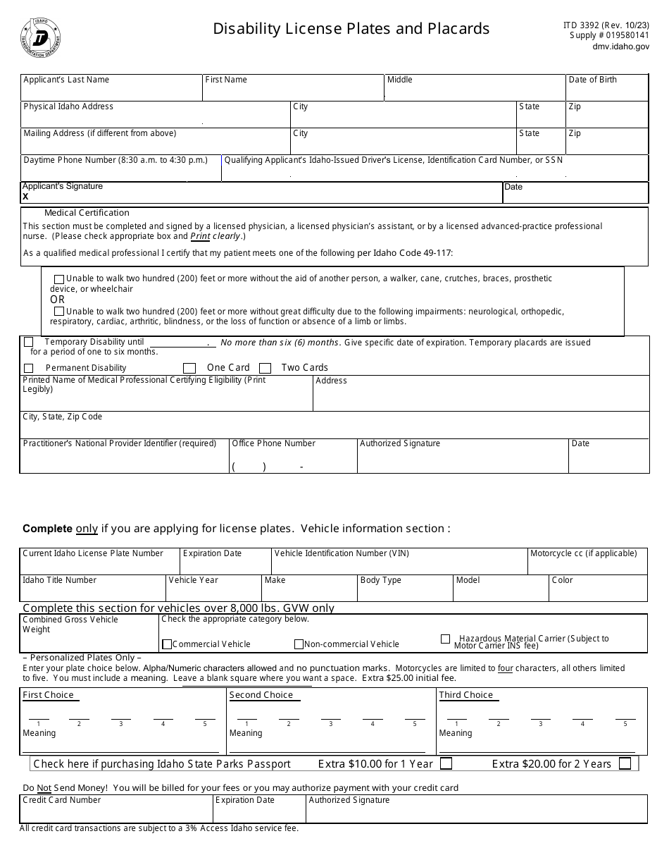 Form ITD3392 Download Fillable PDF or Fill Online Disability License ...