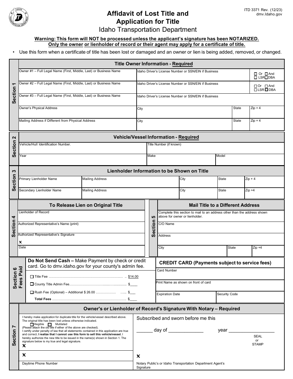 Form ITD3371 Affidavit of Lost Title and Application for Title - Idaho, Page 1