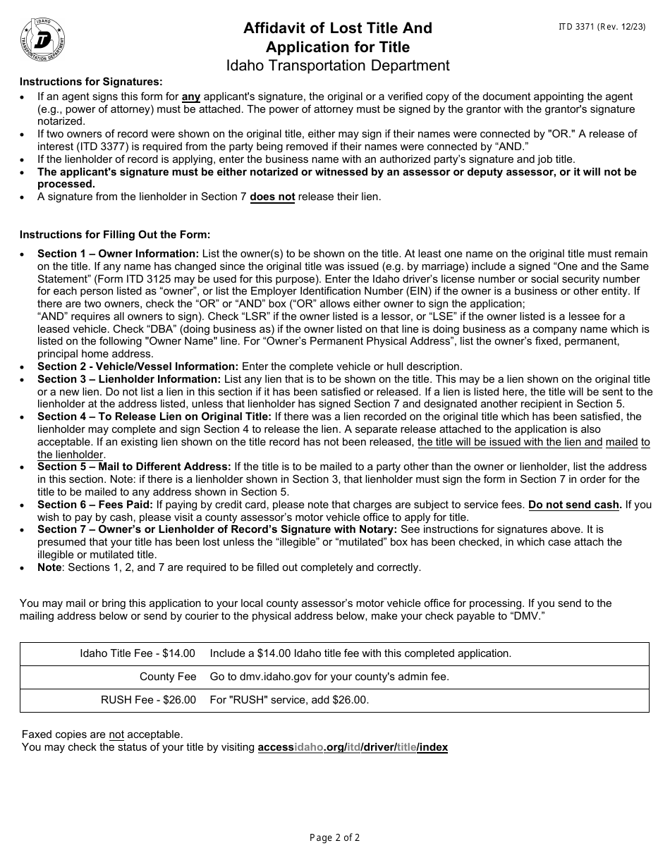Form ITD3371 Affidavit of Lost Title and Application for Title - Idaho, Page 2