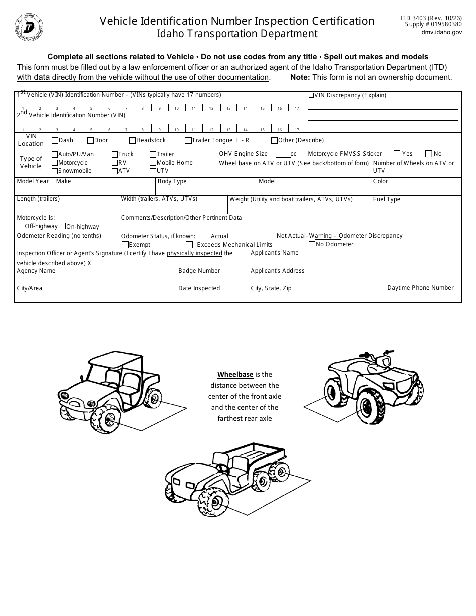 Form ITD3403 Vehicle Identification Number Inspection Certification - Idaho, Page 1