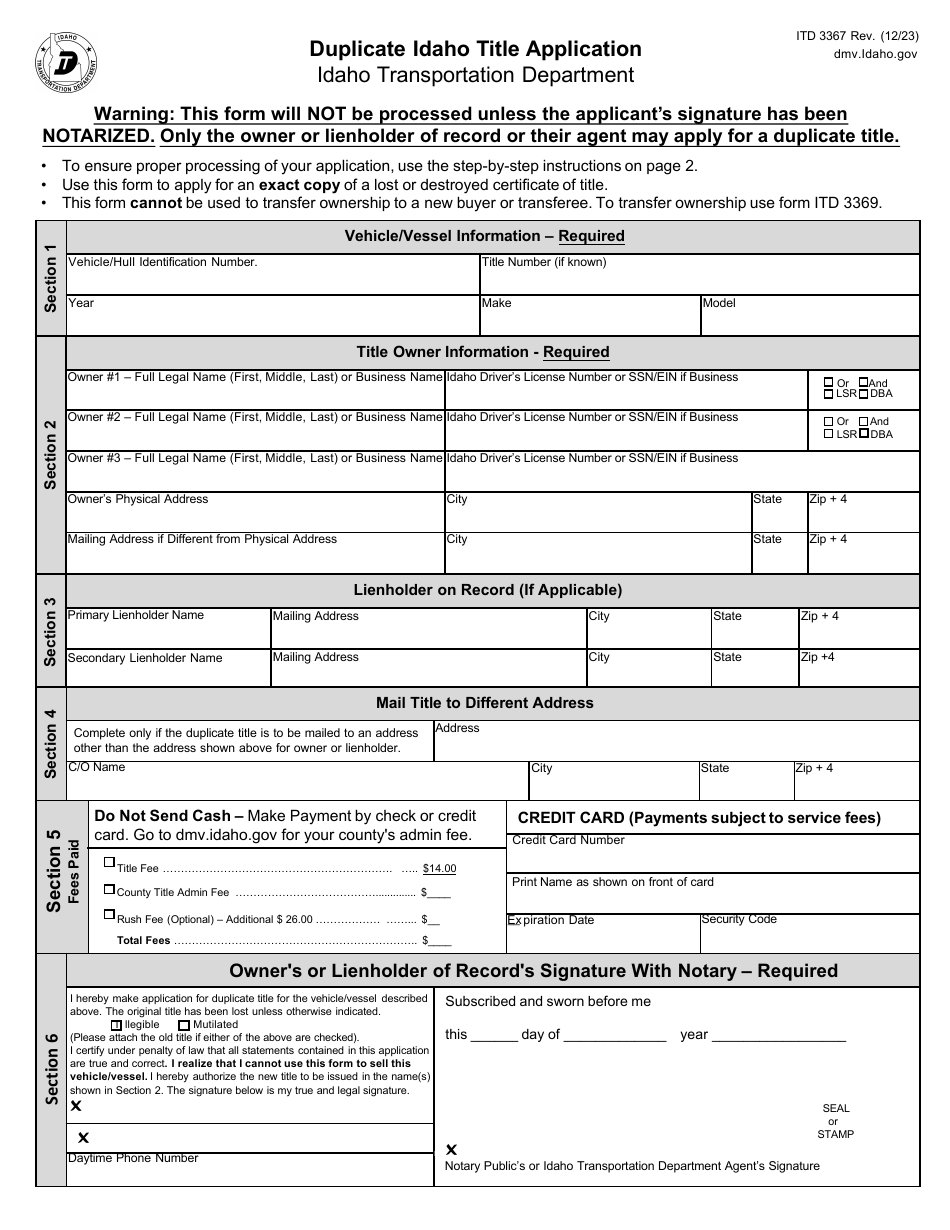 Form ITD3367 Duplicate Idaho Title Application - Idaho, Page 1