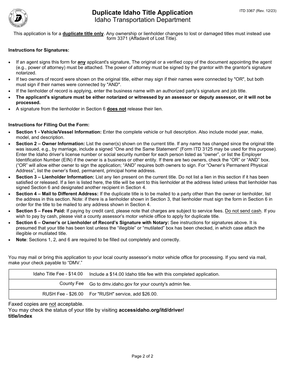 Form ITD3367 Download Fillable PDF or Fill Online Duplicate Idaho Title ...