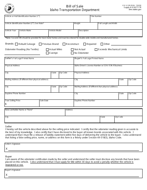 Form ITD3738 Bill of Sale - Idaho