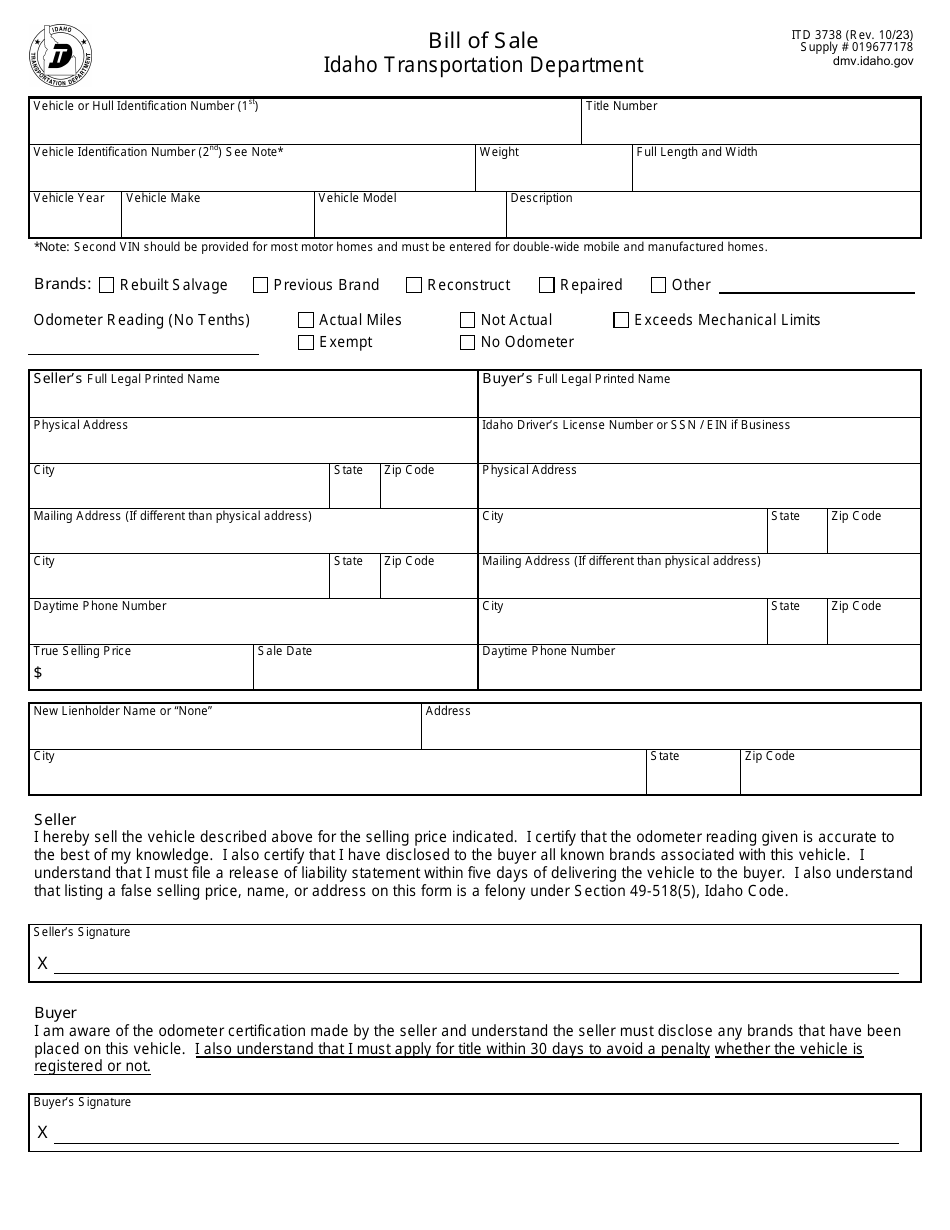 Form ITD3738 Bill of Sale - Idaho, Page 1