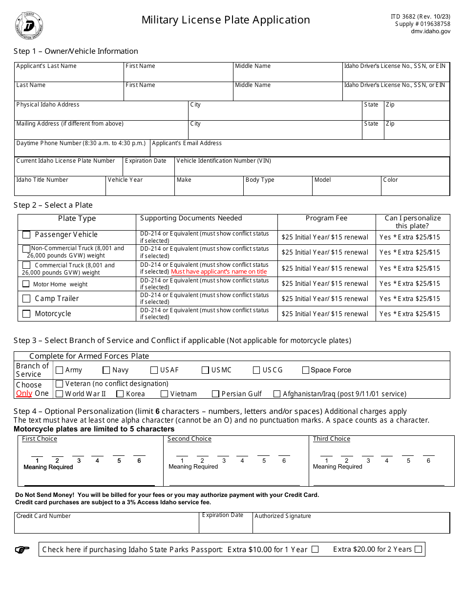 Form ITD3682 Military License Plate Application - Idaho, Page 1