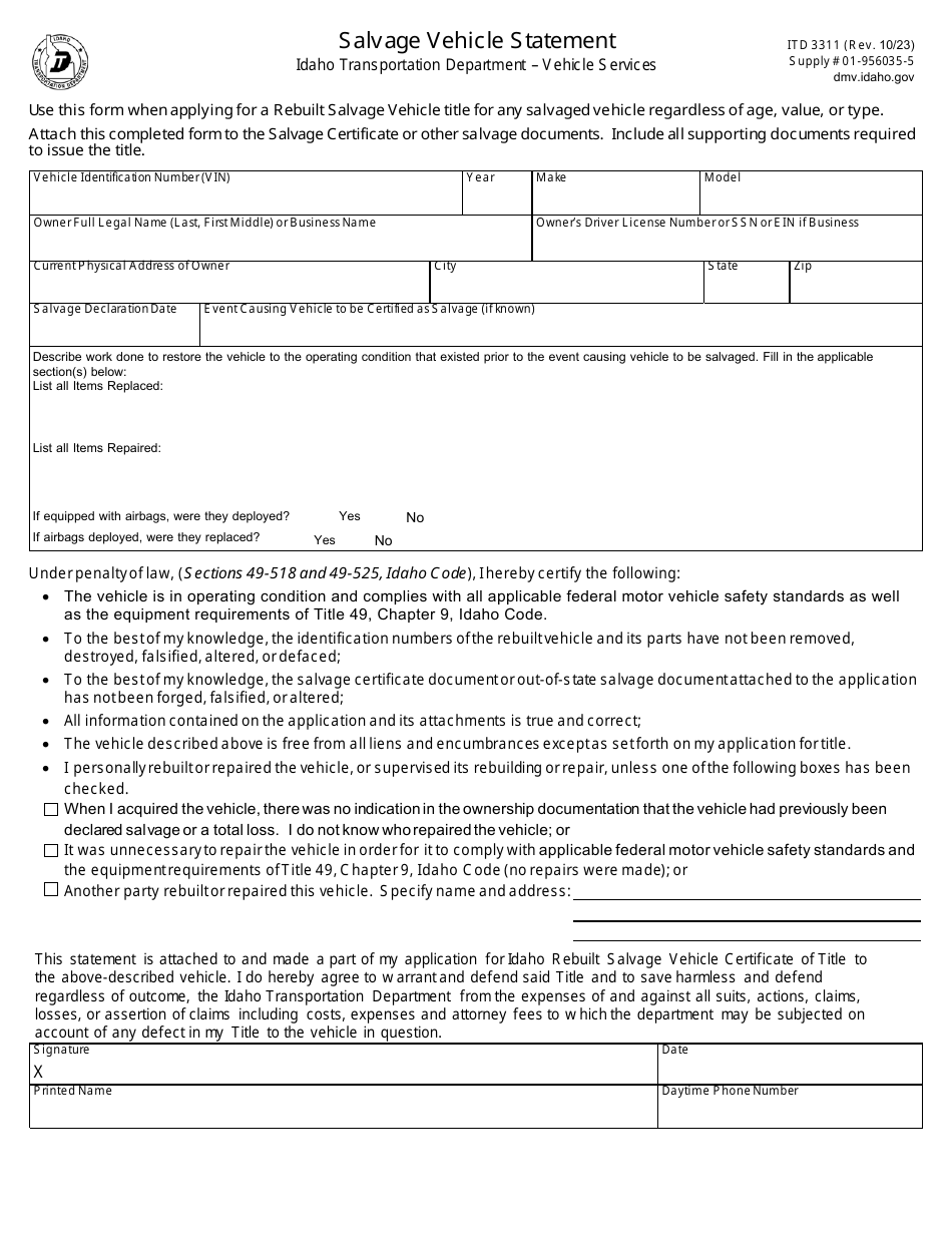 Form ITD3311 Salvage Vehicle Statement - Idaho, Page 1
