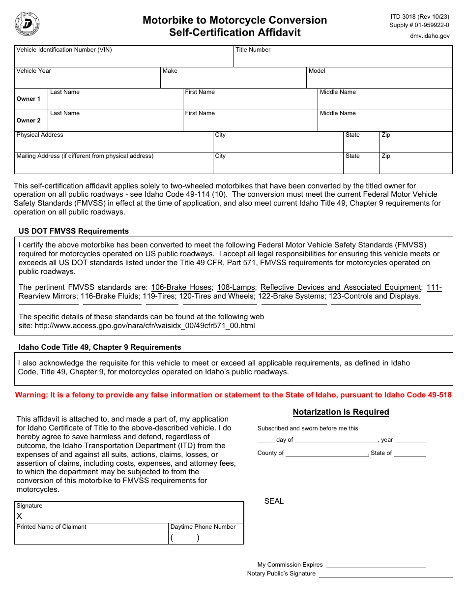 Form ITD3018 Motorbike to Motorcycle Conversion Self-certification Affidavit - Idaho, Page 1