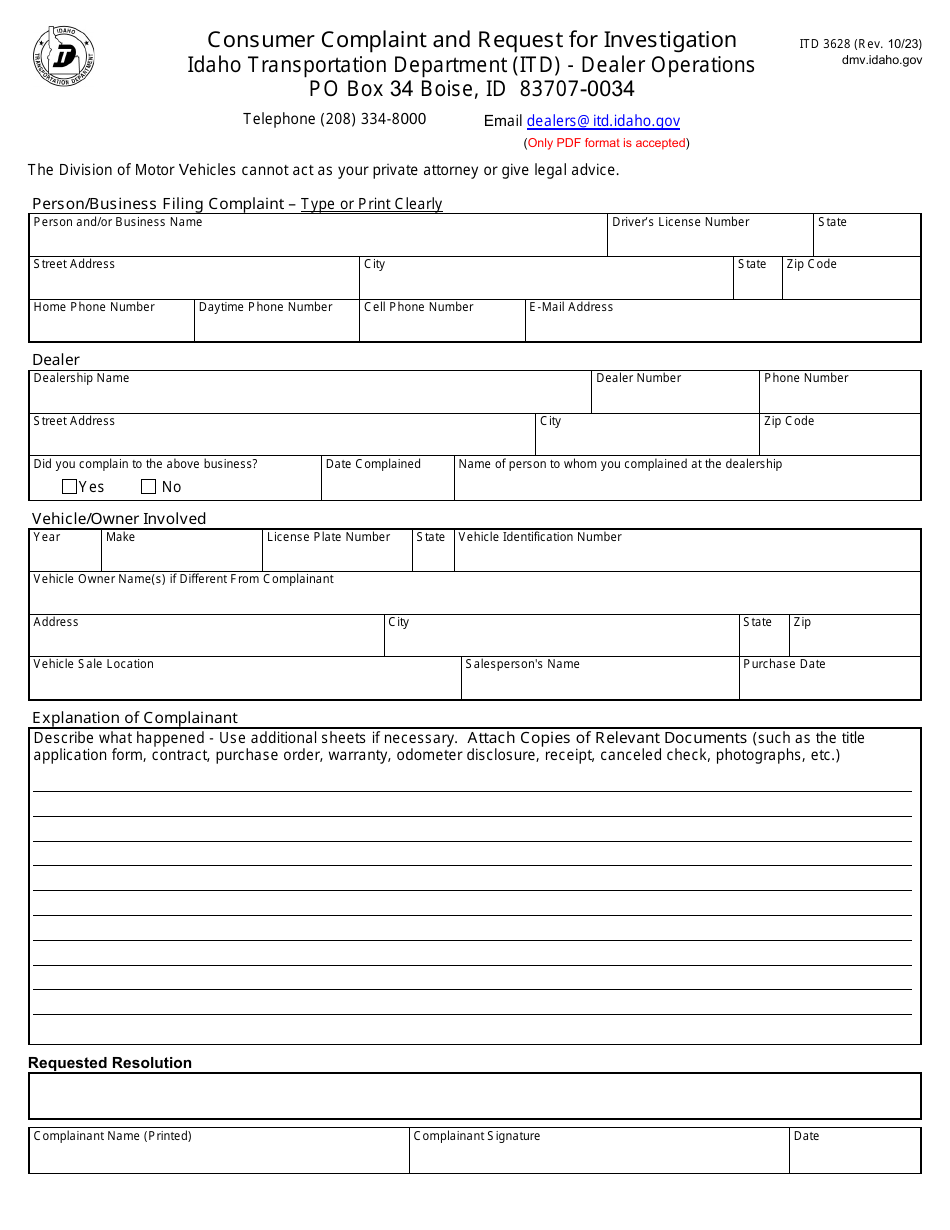 Form ITD3628 - Fill Out, Sign Online and Download Fillable PDF, Idaho ...