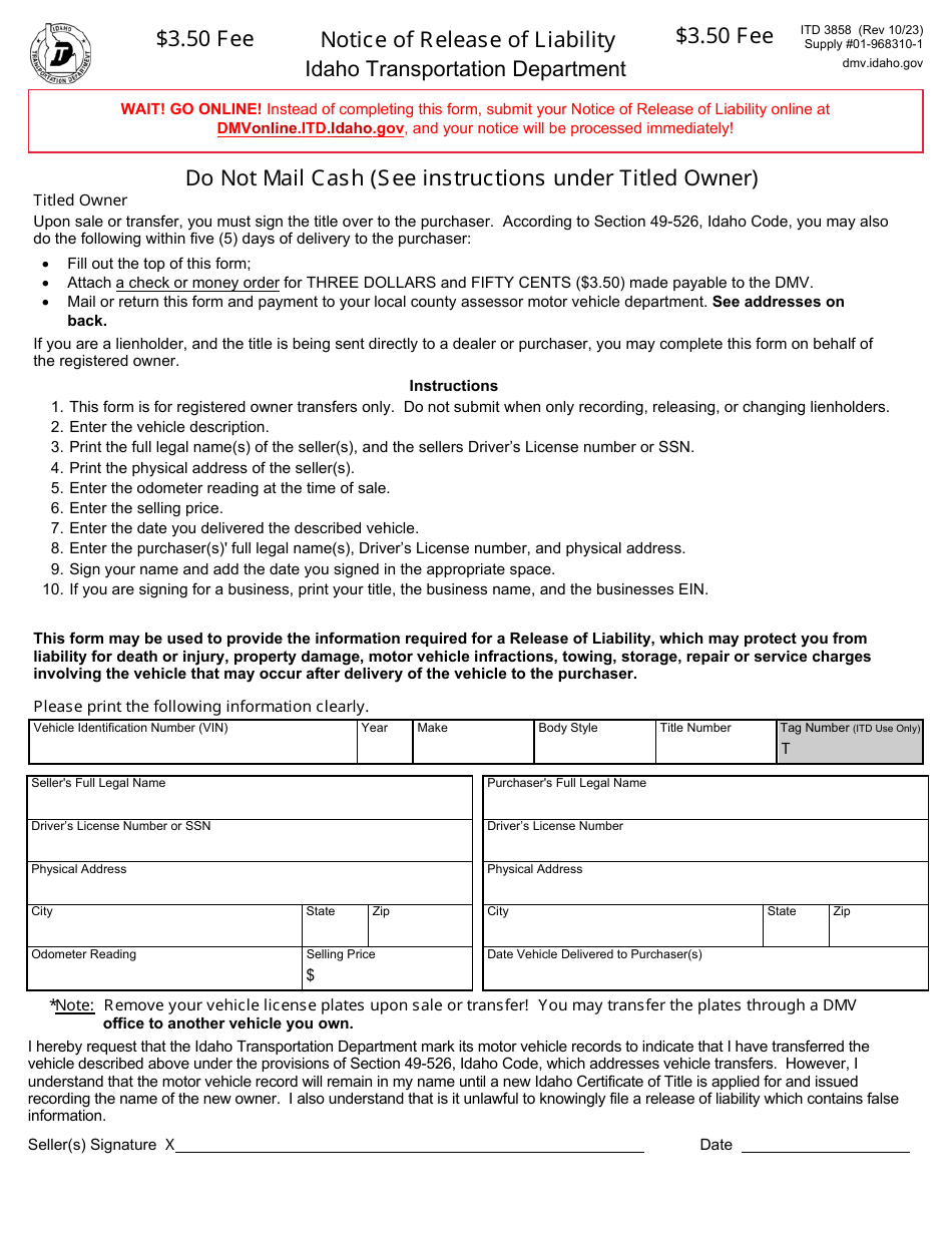 Form ITD3858 Notice of Release of Liability - Idaho, Page 1