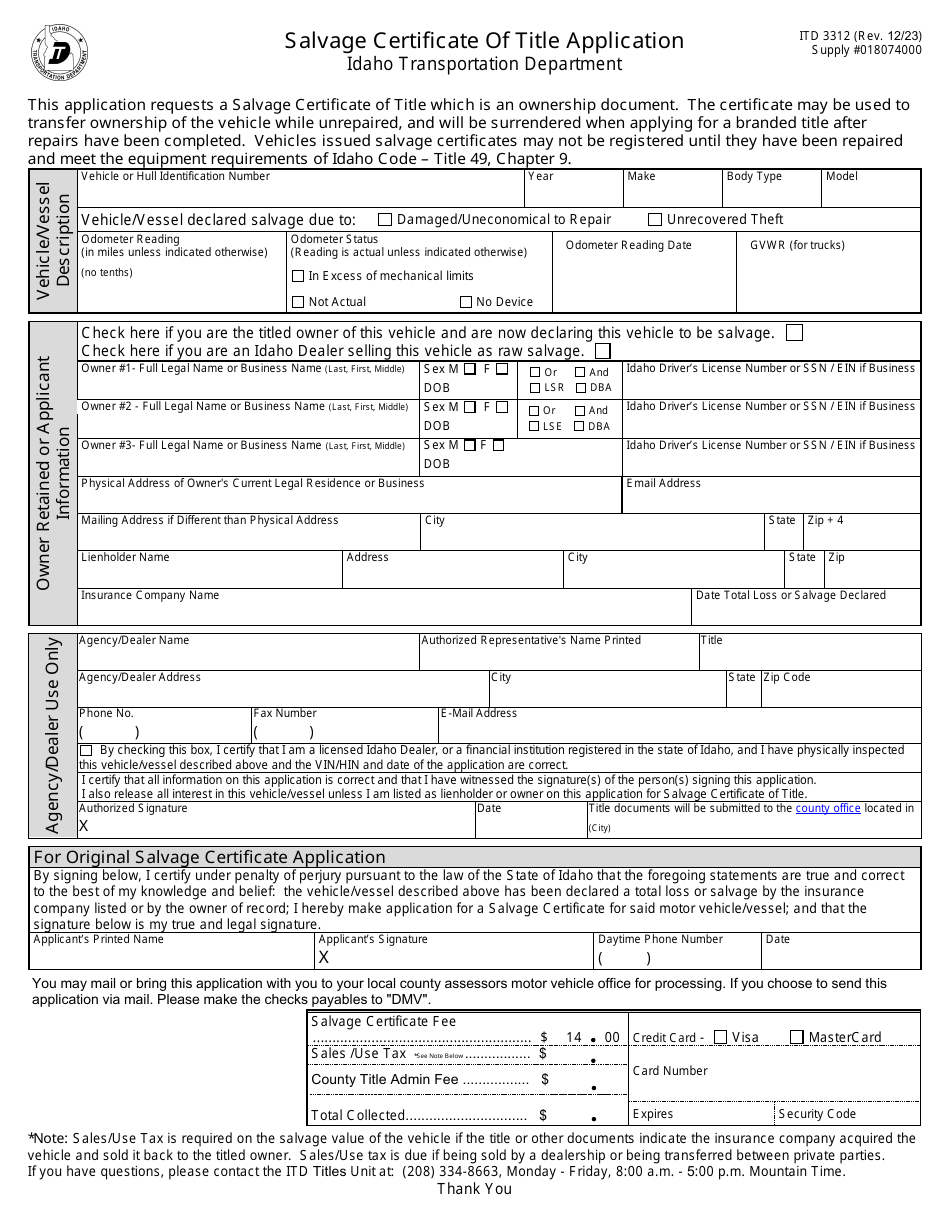 Form ITD3312 - Fill Out, Sign Online and Download Fillable PDF, Idaho ...