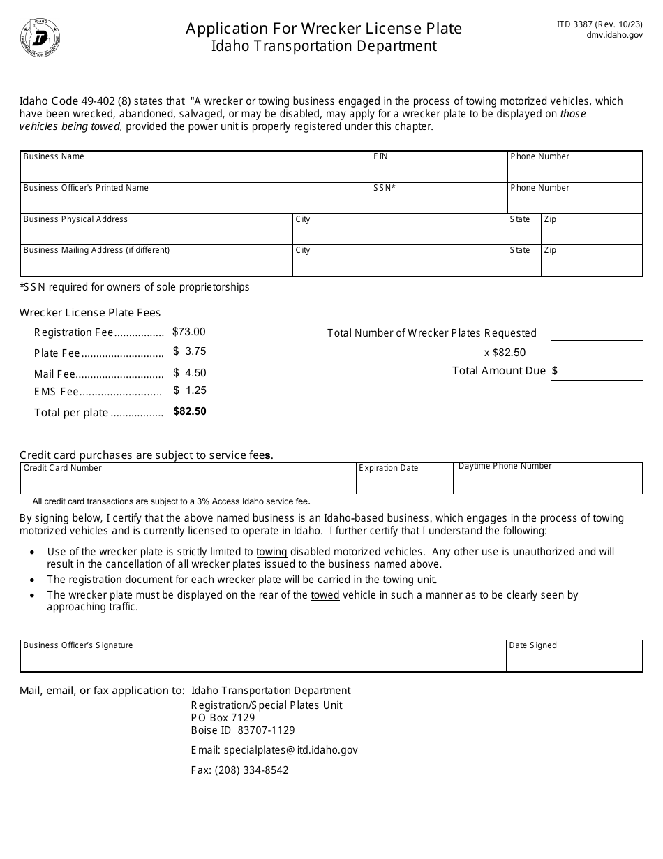 Form ITD3387 Application for Wrecker License Plate - Idaho, Page 1