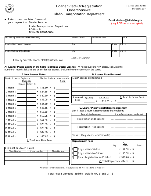 Form ITD3169 Loaner Plate or Registration Order/Renewal - Idaho